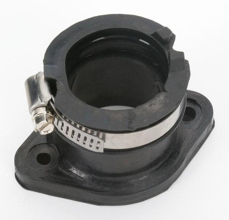 Carburetor Mounting Flange for 340cc and 400cc Polaris Snowmobiles (1986-2008), featuring a black rubber body with a silver metal band, essential for connecting the carburetor to the engine's cylinder head.