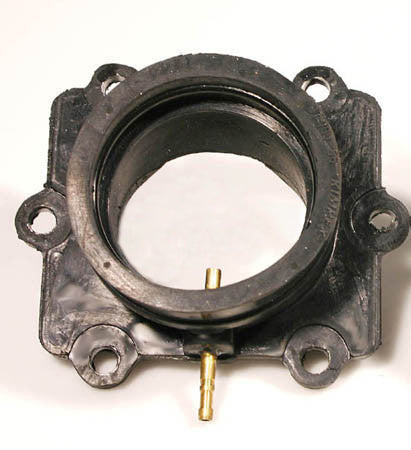 Carburetor Mounting Flange for 500cc and 600cc Arctic Cat Snowmobiles (1998-2003), showing a black metal object with multiple holes, including a white circle within a black circle.