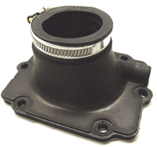 Carburetor Mounting Flange for 500cc and 600cc Polaris Snowmobiles (2002-2007), featuring a black plastic body with an attached metal ring, designed to connect the carburetor to the engine cylinder head.