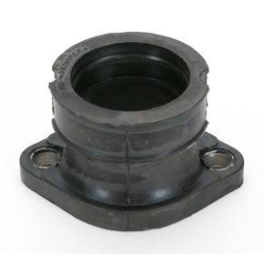 Carburetor Mounting Flange for 500cc Polaris Snowmobiles (1996-2000), a black rubber part with holes, used to connect the carburetor to the engine's cylinder head.