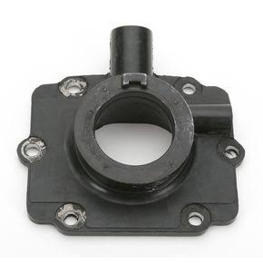 Carburetor Mounting Flange for 600cc and 700cc Polaris Indy Snowmobiles (1997-1998), a black metal piece with holes, used to connect the carburetor to the engine's cylinder head.