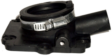 Carburetor Mounting Flange for 600cc and 700cc Polaris Snowmobiles (1999-2001) - Close-up of a black metal and rubber flange designed to connect the carburetor to the engine's cylinder head.