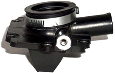 Carburetor Mounting Flange for 600cc and 700cc Polaris XCR and Ultra Snowmobiles (1996-1998), showing a close-up of the black and silver metal part with a central hole for attachment.