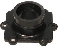 Carburetor Mounting Flange for 600cc and 800cc Arctic Cat Snowmobiles (1998-2000). A black plastic object with holes, used to connect the carburetor to the engine's cylinder head.