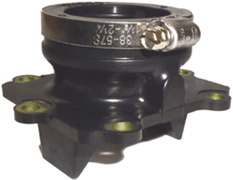 Carburetor Mounting Flange for 600cc and 800cc Arctic Cat Snowmobiles (1998-2000), featuring a black metal body with an attached silver metal ring, designed to connect the carburetor to the engine's cylinder head.