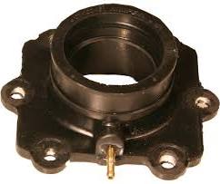 Carburetor Mounting Flange for 800cc and 1000cc Arctic Cat Snowmobiles (1999-2002), a black metal object with a central hole, integral for connecting the carburetor to the engine's cylinder head.