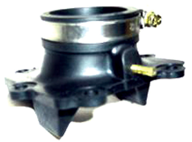 Carburetor Mounting Flange for Arctic Cat Snowmobiles (1996-1997), featuring a black and silver design with a prominent metal ring, essential for connecting the carburetor to the engine's cylinder head.