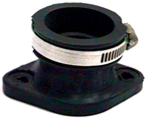 Carburetor Mounting Flange for Polaris Gemini Snowmobiles (1980-1981), a black and silver metal object, connects the carburetor to the engine cylinder head, ensuring proper alignment and functionality.