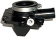 Carburetor Mounting Flange for Polaris Indy Storm Snowmobiles (1996-1998), featuring a close-up of its black and silver metal construction, with visible mounting hole and ring detail.