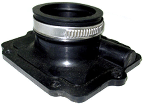 Carburetor Mounting Flange for Polaris Indy XCR Snowmobiles (1999-2003), close-up of a black and silver metal flange, designed to connect the carburetor to the engine's cylinder head.