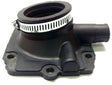 Carburetor Mounting Flange for Polaris RMK Snowmobiles (2000-2001), a black metal object with a metal band, shown in a close-up image highlighting its connection design for securing the carburetor.