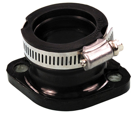 Carburetor Mounting Flange for Polaris Snowmobiles (1975-2003), shown as a black and silver metal object with a clamp-like design, essential for connecting the carburetor to the engine's cylinder head.