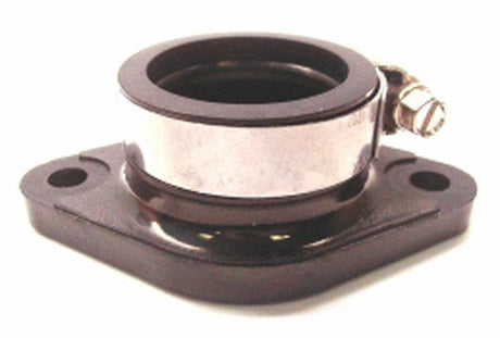 Carburetor Mounting Flange for Polaris XLT Snowmobiles (1992-1999), featuring a metal and plastic construction with a central screw, designed to connect the carburetor to the engine's cylinder head.