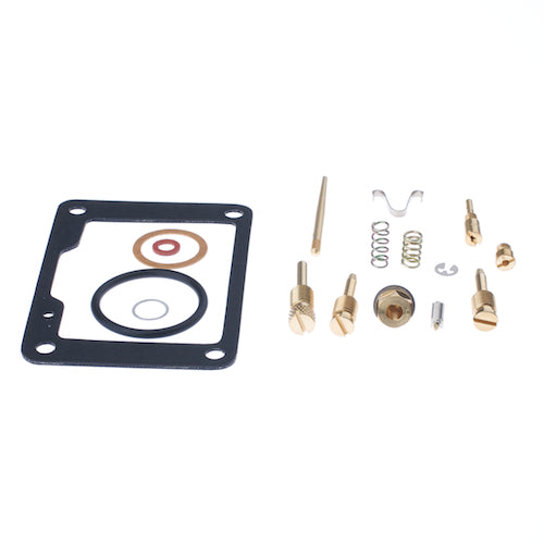 Carburetor Repair Kit for Honda Cub C90/C90M/CM91 1966-1969, featuring various metal parts including a black gasket and multiple circular gaskets, essential for the carburetor's maintenance and repair.