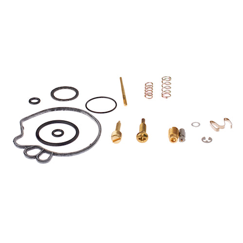 Carburetor Repair Kit for Honda Aero 50 (NB50/NE50/TG50) 1985-1987, featuring various metal parts including rings, needles, jets, screws, and springs, essential for carburetor maintenance.