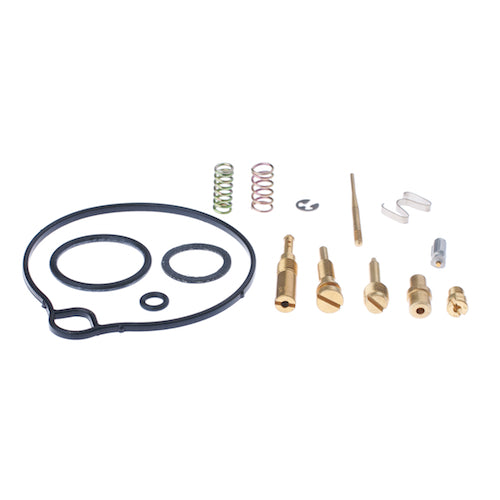 Carburetor Repair Kit for Honda Aero 50 (NH50) featuring various metal parts including gaskets, float needle, and screws, arranged in a group, essential for carburetor maintenance and repair.