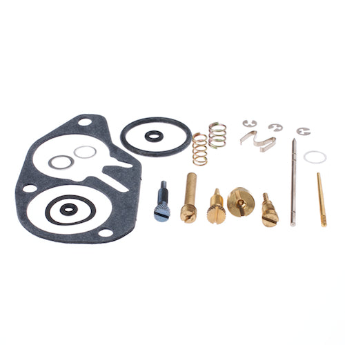 Carburetor Repair Kit for Honda Cub C50 and C50M, featuring a close-up of gaskets, float needle with seat, main and slow jets, air screw with spring, and additional metal parts.