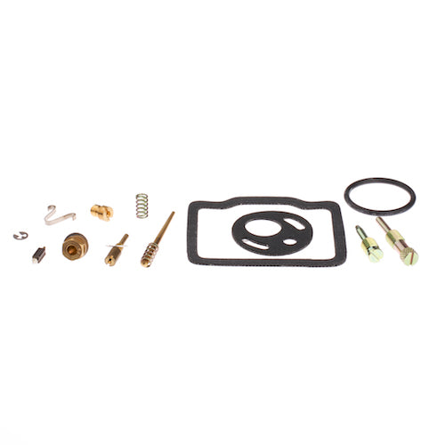 Carburetor Repair Kit for the Honda C201, CD90, & CT201, showing various car parts including a chamber gasket, needle valve, jet needle, E clip, seat spring, air screw, air spring, and jets.