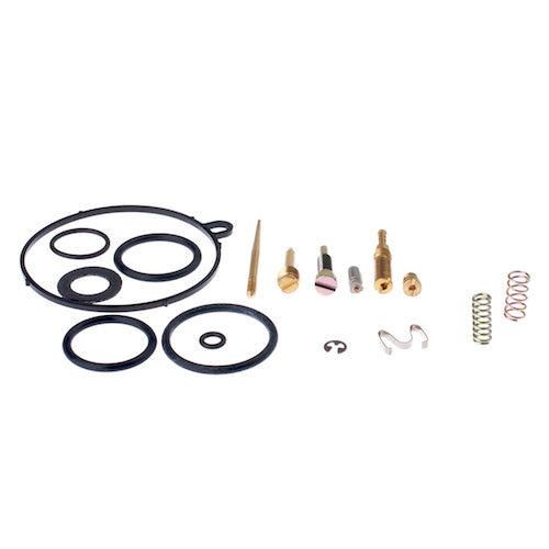 Carburetor Repair Kit for Honda Cub C90, featuring a set of metal parts, including black gaskets, float needle, slide needle with clip, main jet, air screw, and idle screw with spring.