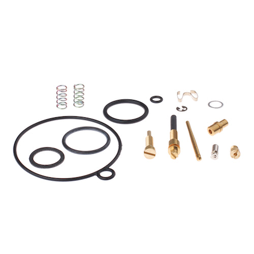 Carburetor Repair Kit for Honda Passport C70 1980-1981, featuring visible metal parts and black gaskets, including float gasket, slide needle, jet needle, float needle, main jet, air screw, and idle screw.