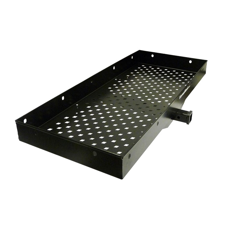 Heavy Duty Steel Cargo Tray with perforated black metal surface, showcasing its robust construction and ample carrying space, designed to fit Class III or IV hitches for versatile transportation needs.