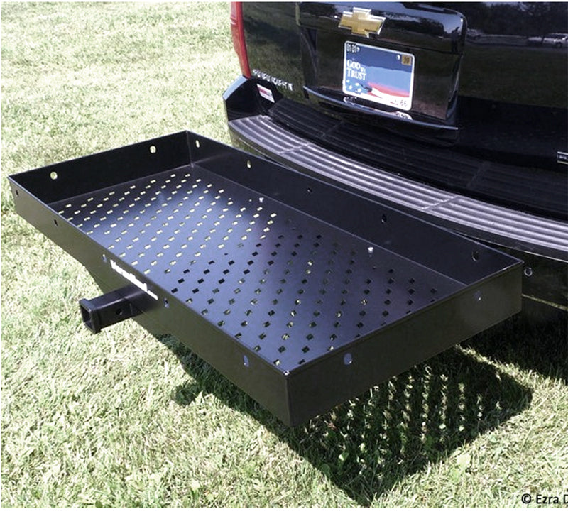 Heavy Duty Steel Cargo Tray mounted on the back of a car, showcasing its robust construction and ample carrying space. Suitable for Class III or IV trailer hitches.