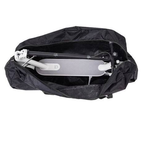 Carrying Case for the Xiaomi Mi M365, shown as a black nylon bag with a scooter inside, featuring a zippered enclosure and carrying strap for easy transportation and storage.