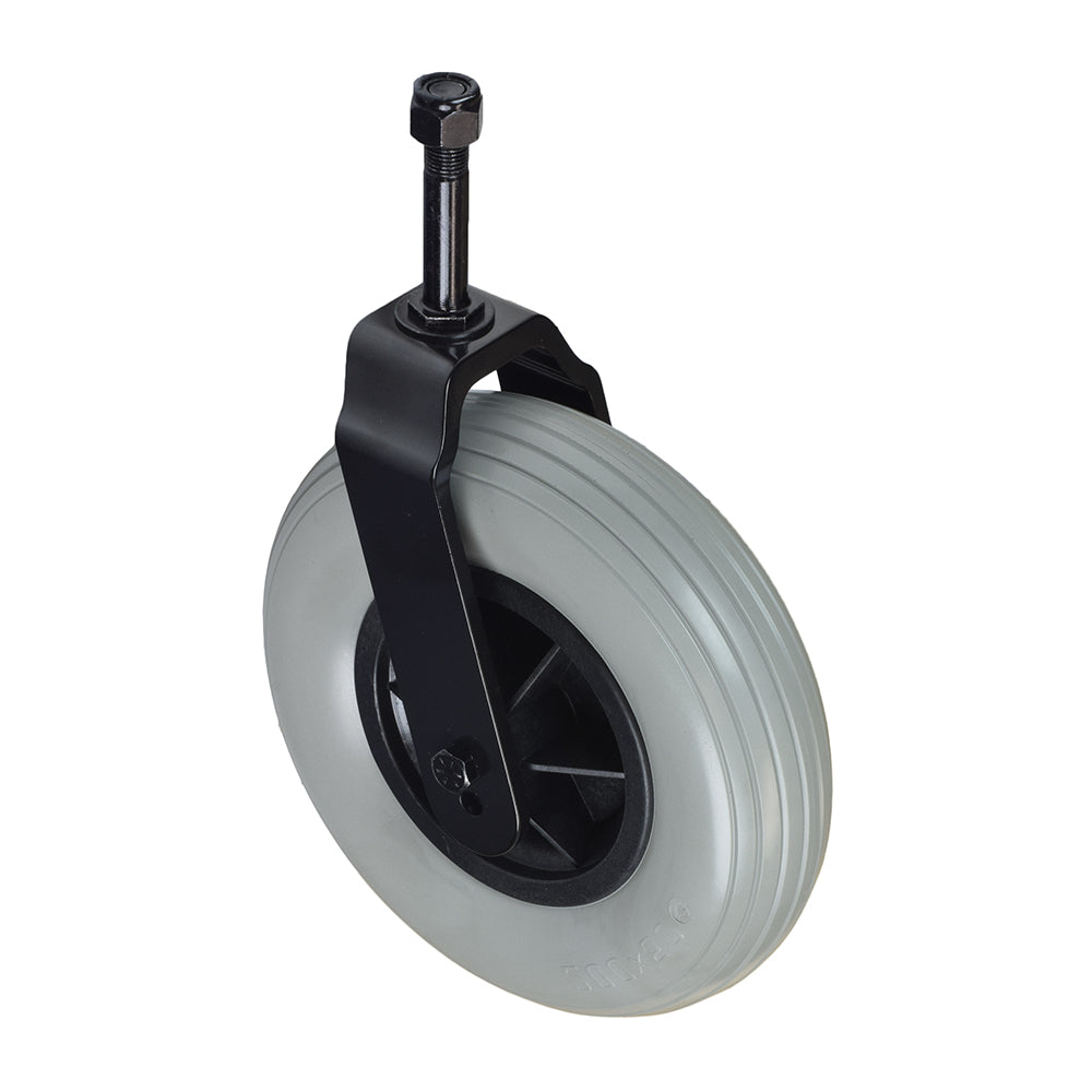 Caster Wheel Assembly with Fork for Jet 1, Jet 2, Jet 7, & Jazzy 1113 Power Chairs, featuring a black metal rod and gray rubber wheel, suitable for specific serial numbers post-Oct 9, 2001.