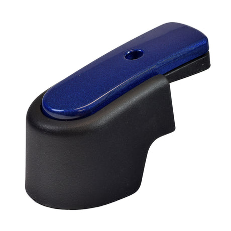 Caster Cap and Cover Assembly for the Jazzy J6, 610, & Quantum Q610, featuring a protective black shroud with a blue insert, designed to safeguard the power chair's caster parts from damage.