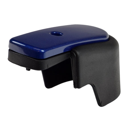 Caster Cap and Cover Assembly for the Jazzy J6, 610, & Quantum Q610 power chairs, featuring a black shroud with a blue insert, shown in close-up to highlight its protective design.