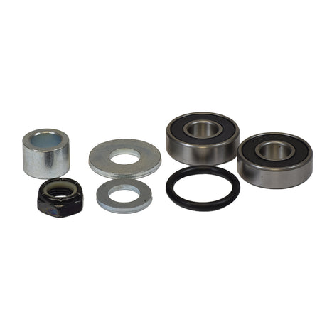 Caster Fork Anti-Flutter Kit for the Jazzy Select 14 & Select 14 XL, featuring close-up views of bearings, washers, nut, spacer, and O-ring, essential components for reducing caster flutter.