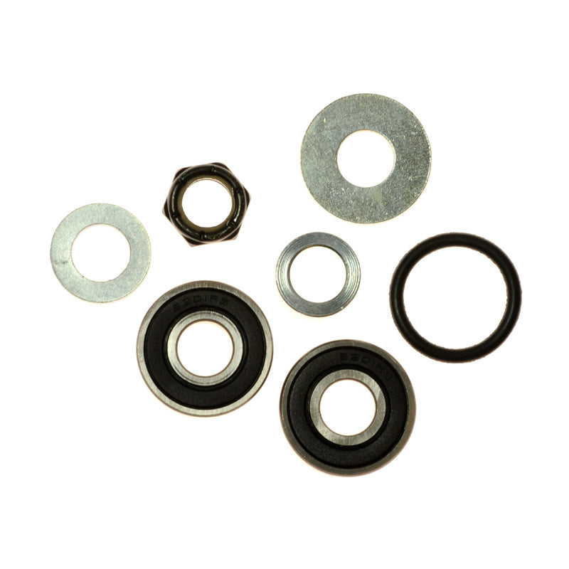 Complete Caster and Fork Assembly for the Jazzy Select 14 and Select 14 XL, featuring a close-up of metal bearings, rings, nut, and caster wheel components.