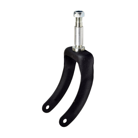 Caster Fork for the Invacare Transport Manual Wheelchair, featuring a durable black handle and silver metal cylinder with a bolt, spacer, and nut, ensuring long-lasting strength and reliability.