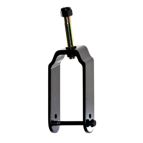 Caster Fork Assembly for Jazzy and Jet Power Chairs, featuring a black metal frame with a bolt, designed as a genuine Pride factory replacement part.