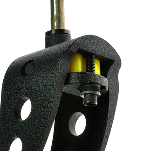 Caster Shock Fork Spring for the Invacare 3G Storm Series, featuring a yellow polyurethane spring within a black metal assembly with holes, vital for the power chair's smooth ride and safety.