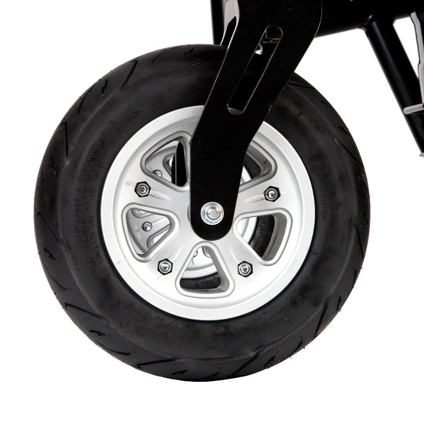 10x3 Rear Caster Wheel for the Drive Medical Trident HD power chair, featuring a metal rim and a black flat-free tire, designed to support heavy-duty performance with a 450 lbs. carrying capacity.