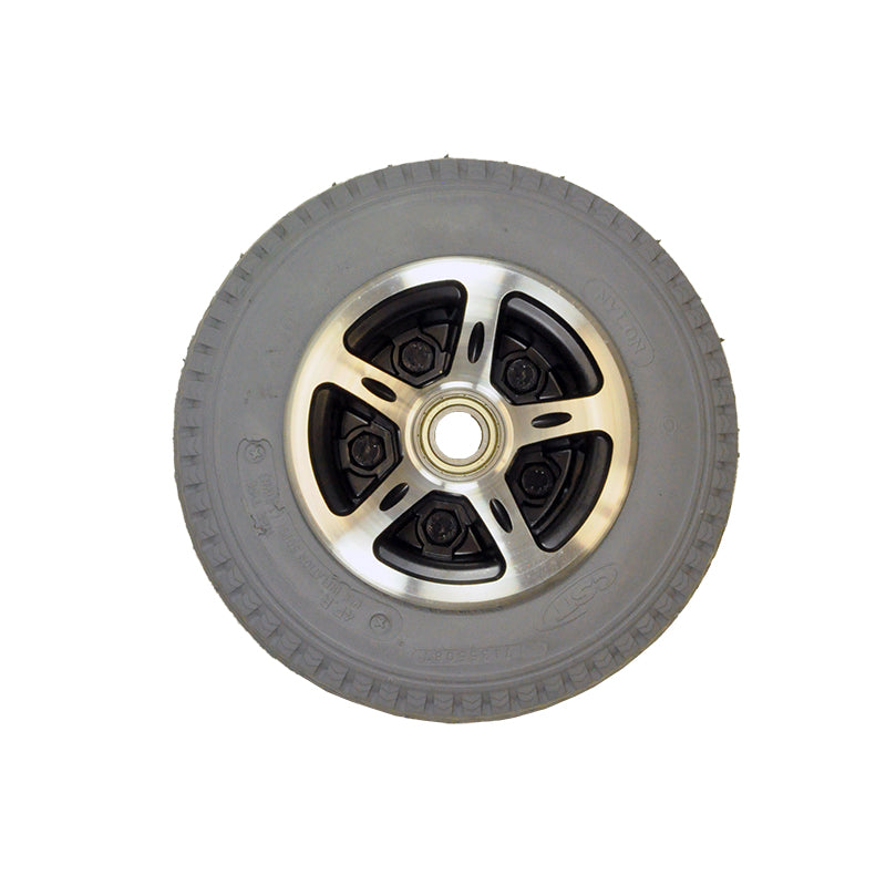 2.80/2.50-4 Pneumatic Caster Wheel for Merits Atlantis (P710) and Travel-Ease Commuter Bariatric (P183) Power Chairs, featuring a silver rim and thick tread, essential for power chair stability.