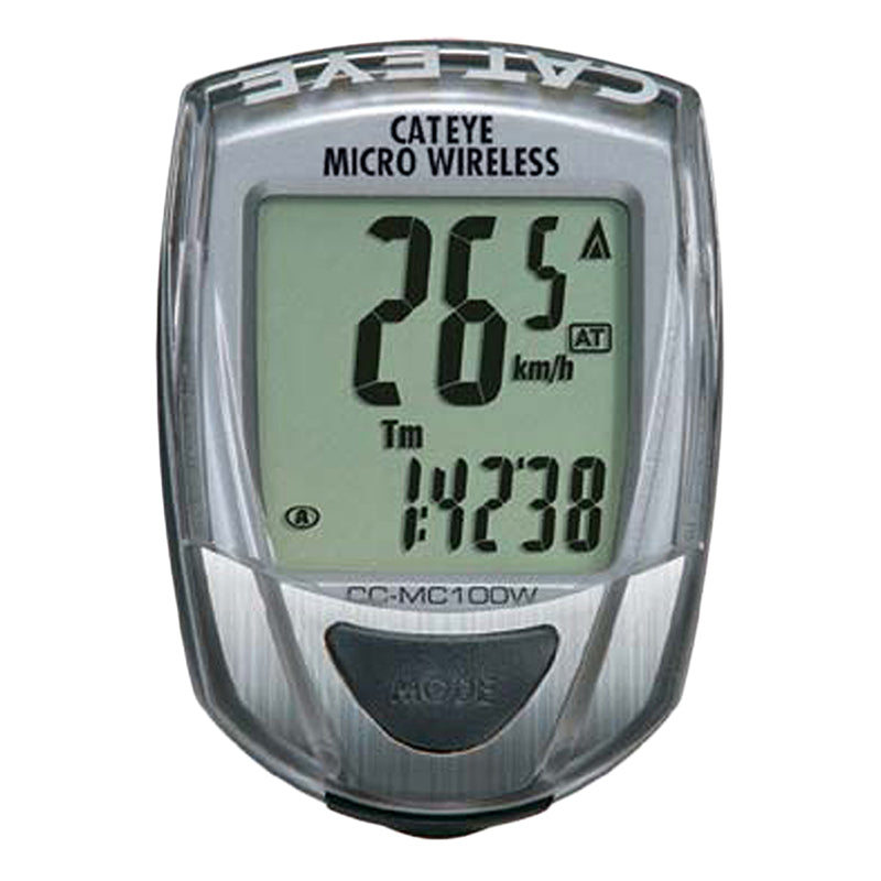 Close-up of the CatEye CC-MC100 Micro Wireless Bike Computer displaying its digital screen with numbers and letters, highlighting its compact design and functional interface for cyclists.