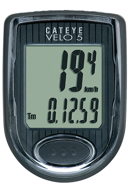 Close-up of CatEye CC-VL510 Velo 5 Wired Bike Computer, displaying speedometer features with a large screen and buttons, mounted on a bike handlebar.