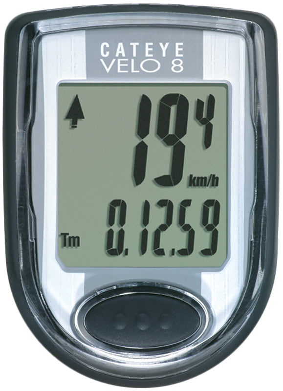 Close-up of CatEye CC-VL810 Velo 8 Wired Bike Computer displaying speedometer functions, showcasing its larger screen and easy-to-use button.