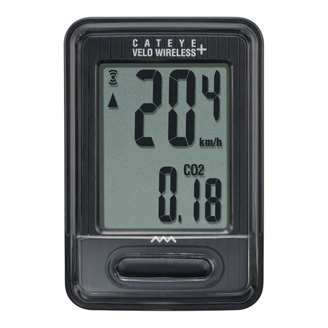 CC-VT210 Velo Wireless Bike Computer displaying a digital screen with various metrics like speed, distance, and time, emphasizing its compact and user-friendly design for cycling enthusiasts.