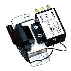 Close-up of the External Electronic CDI Ignition Coil Combination for Vespa Rally and VSE Scooters, highlighting the device's electrical components and connectors, essential for vintage scooter functionality.