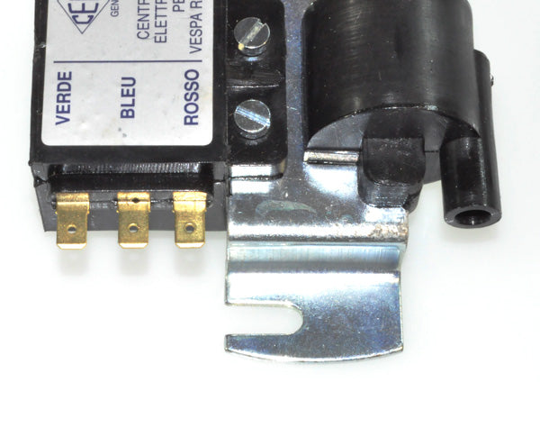 Close-up of the External Electronic CDI Ignition Coil Combination for Vespa Rally and VSE Scooters, showcasing the intricate machine parts essential for the scooter's ignition system.