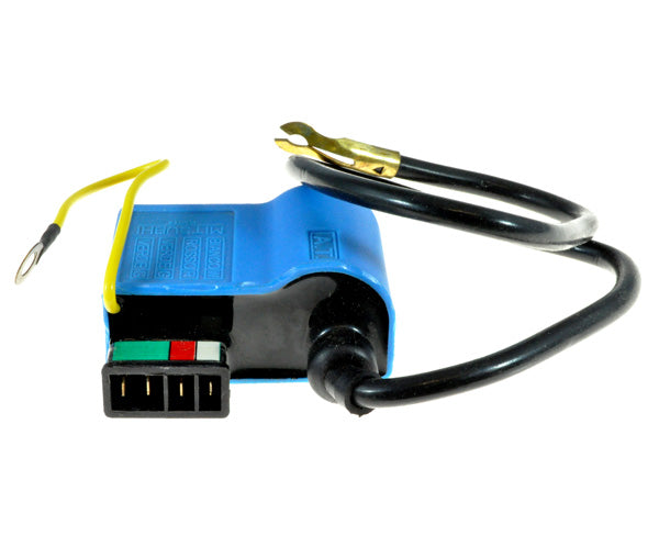 Close-up of the External Electronic CDI and Ignition Coil Combination for Vespa VSX, VNX Scooters, showcasing the blue and black electrical device with its cable prominently visible.