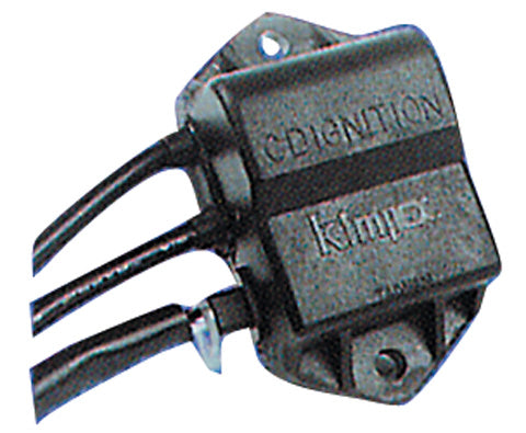 CDI Module for 400cc and 500cc Polaris Snowmobiles (1985-1989), shown as a black electrical device with connected wires, designed for exact replacement and universal mounting.