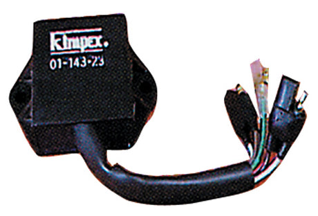 CDI Module for Arctic Cat Cheetah, El Tigre, and Panther Snowmobiles (1974-1975) - close-up of the black electrical device with a connected black cable displaying white text.