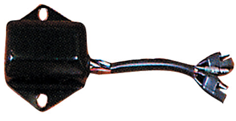 Close-up of a CDI Module for Arctic Cat Cheetah, Pantera, and Panther Snowmobiles (1977-1979) featuring a black cable and a black square object with holes.