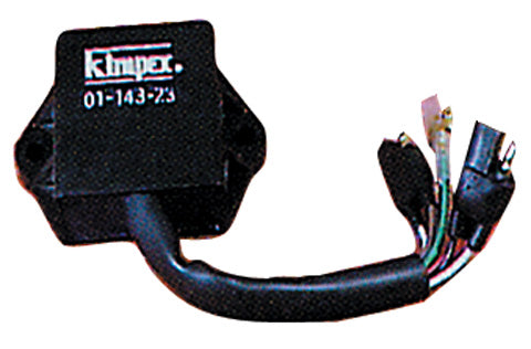 CDI Module for Arctic Cat Snowmobiles (1979-1984) shown with a black electrical device and cable, featuring close-up white text, designed as an exact electrical replacement for the original module.