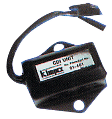 Close-up of a CDI Module for Arctic Cat Snowmobiles (1989-1996), showing a black plastic device with a white label displaying black text.