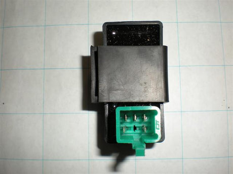 CDI Module (Ignitor) for Baja Dirt Runner 49 (DR49) & Dirt Runner 70 (DR70) with a 5 pin square connector, featuring a black and green electronic device with visible metal pins.